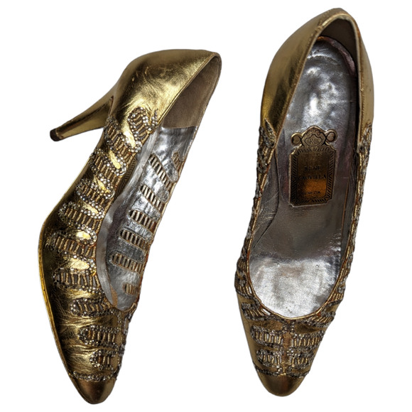 Vintage Y2K Rene Caovilla Gold Metallic Leather Embellished Pumps EU 37 US 6.5 - Picture 1 of 7